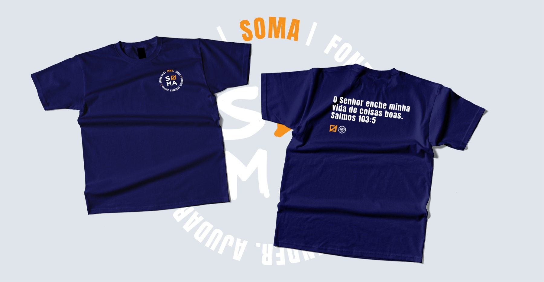Camiseta azul-marinho Soma Mais 2026, frente com logo circular e verso com Salmos 103:5