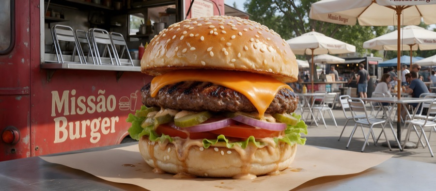 Hambúrguer do food truck Missão Burger
